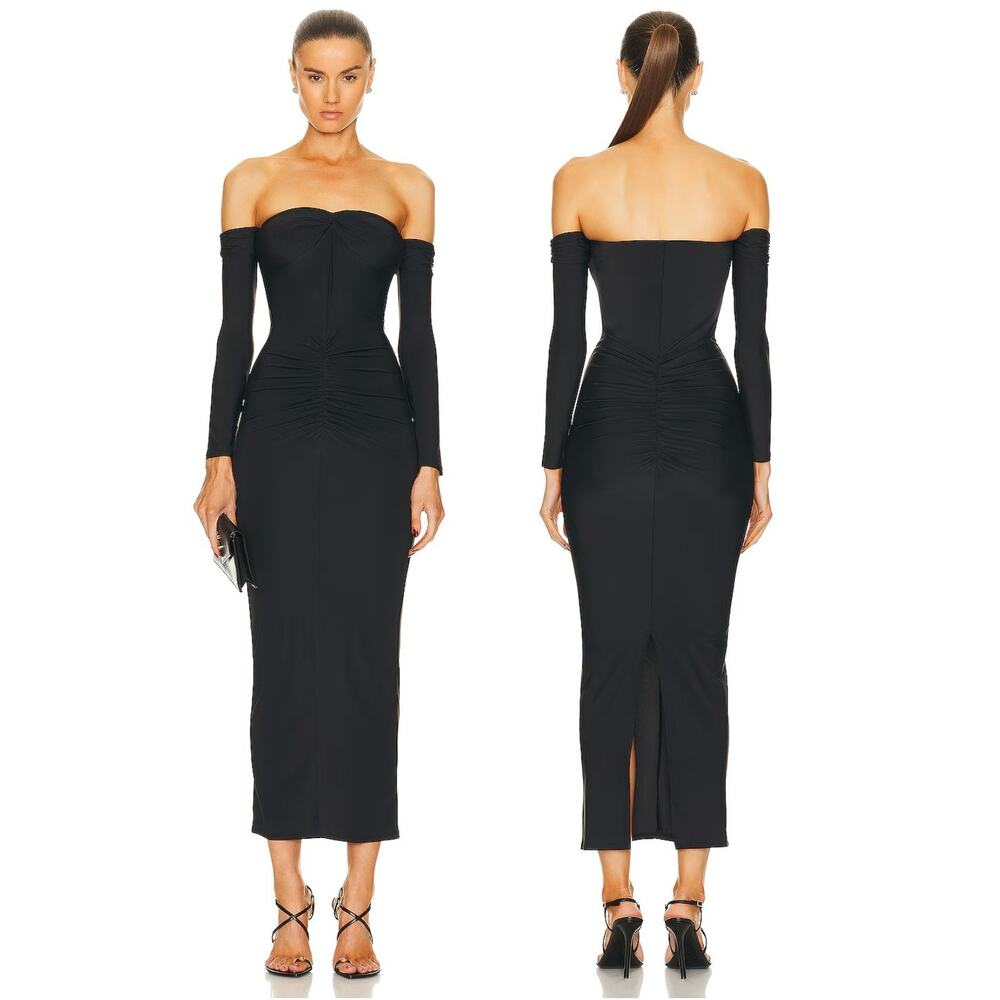 FLEUR DU MAL Jersey Ruched Midi Strapless Evening Statement Party Cocktail XS